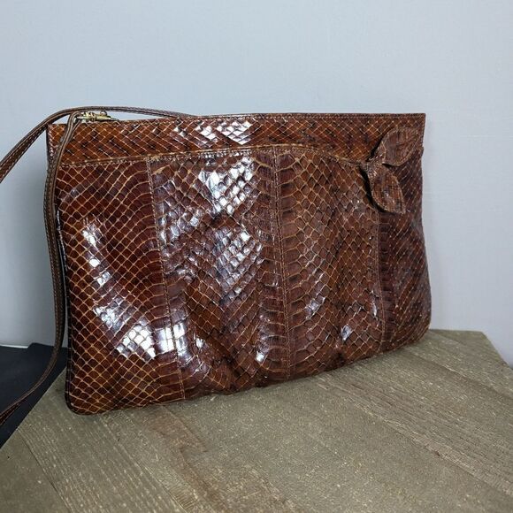 Vintage Leather Purse, Embossed Faux Snake Skin shoulder bag brown 1970s - Picture 1 of 10